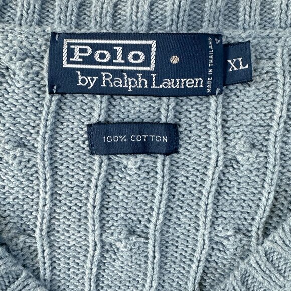 Vintage Polo Ralph Lauren Cable-Knit Sweater XL V-Neck Chambray Blue Y2K Preppy - Picture 7 of 7